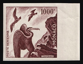 1955 1000fr Principality of Monaco, Airmail, Dark Red-Brown Proof, Imperforate, Margin