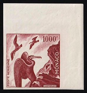 1955 1000fr Principality of Monaco, Airmail, Red Proof, Imperforate, Corner Margins