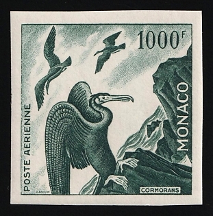 1955 1000fr Principality of Monaco, Airmail, Green Proof, Imperforate