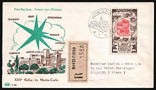 1955 14 (Jan) '25th Monte Carlo Rally', Monaco, First Day Registered Cover from Monte Carlo (Monaco) to Soissons (Aisne France), franked with Complete Set of 100Fr, Commemorative Postmark