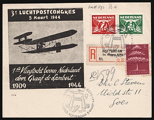 1944 (5 Mar) Netherlands, '3rd Airmail Congress', Registered Postcard from Rotterdam to Soest franked with 1.5c and se-tenant 7.5c+2.5c, Commemorative Postmarks