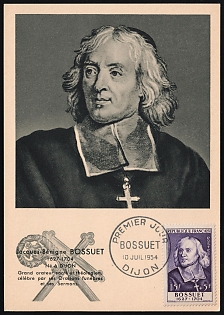 1954 (10 Jul) Jacques-Benigne Bossuet, France, Postcard from Dijon, FDC, First Day Cancellation, franked with 15fr+5fr