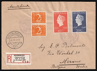 1948 (1 Sep) Netherlands, 'Exhibition of the City and Province of Groningen', Registered Cover from Groningen to Merano (Italy) via Milan and Bolzano franked with pair of 2.5c and full set of 10c-20c, Commemorative Postmarks