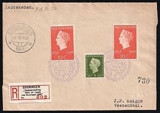 1948 (7 Sep) Netherlands, 'Exhibition of the City and Province of Groningen', Registered Cover from Groningen to Veenendaal franked with 5c and 2 x 10c, Commemorative Postmarks