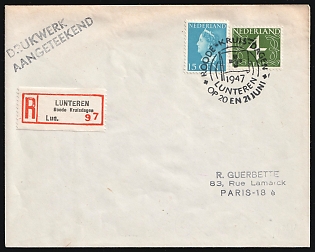 1947 (Jun) Netherlands, 'Red Cross Days', Registered Cover from Lunteren to Paris franked with 4c and 15c, Commemorative Postmark