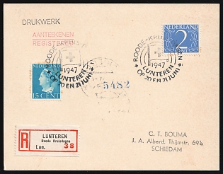 1947 (Jun) Netherlands, 'Red Cross Days', Registered Postcard from Lunteren to Schiedam franked with 2c and 15c, Commemorative Postmarks
