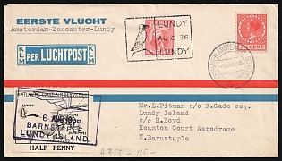 1936 (5 Aug) Netherlands, '1st Flight for the route Amsterdam–Doncaster–Lundy', Airmail Cover from Amsterdam to Lundy franked with multiple franking