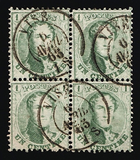 1863 1c Belgium, Block of Four