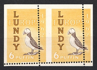 1961 6p Lundy Island, Great Britain, Pair, Local, Private Issue, Shifted Perforatioon