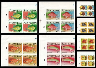 1976 Republic of Suriname, Imperforate, Complete Set, Blocks of Four, Corner Margins, Plate Numbers