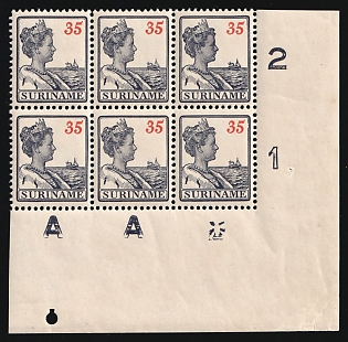 1913-31 Suriname, Netherlands Colony, Block of Six, Corner Margins, Plate Numbers, Sheet Inscription