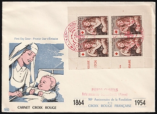1954 (18 Dec) 90th Anniversary of the Founding of the French Red Cross, France, First Day Cover, FDC, from Mulhouse to Soissons, franked with Red Cross Booklet Pane of Four 15fr+5fr, Commemorative Postmarks