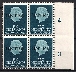 1962 45c Netherlands New Guinea, Double Overprint, Block of Four, Margin, Plate Numbers, Type I