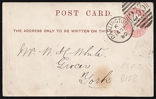 1880 (14 Sep) 1/2d Great Britain, Commercial J. C. & J. Field Postal Stationery Postcard from Darlington (England) to York (England), cancelled by Oval Barred Numeral '233' Postmark