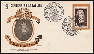 1951 (28 Apr) 300th Anniversary of the Birth of Saint Jean-Baptiste de La Salle, France, First Day Cover, FDC, from Reims, franked with 15fr, '482' marking, Commemorative Postmarks