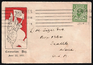 1911 (22 Jun) Great Britain, 'Coronation Day', Cover from London (England) to Washington (United States), franked with FDC First Day of Issue 1/2d