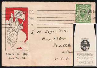 1911 (22 Jun) Great Britain, 'Coronation Day', Cover from London (England) to Washington (United States), franked with FDC First Day of Issue 1/2d