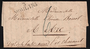 1826 (31 Dec) France, Stampless Cover from Moulins to Chaumont