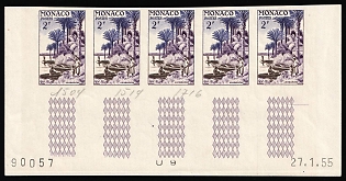 1955 2fr Principality of Monaco, Trial Colors Proof, Imperforate, Strip, Corner Margins, Sheet Inscription, Plate Numbers