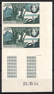 1955 200fr Principality of Monaco, Pair, Trial Colors Proof, Imperforate, Corner Margins, Sheet Inscription, Plate Number