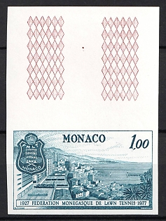 1977 1.00fr Principality of Monaco, Imperforate, Blue-Gray Proof, Margin, Sheet Inscription, Museum Handstamp