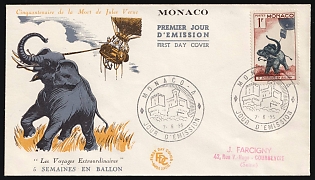 1955 (7 Jun) '50th Anniversary of the Death of Jules Verne' Monaco First Day Cover, FDC from Monaco to Courbevoie and Alfortville (Seine, France) franked with 1fr, Commemorative Postmarks