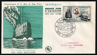 1955 (7 Jun) '50th Anniversary of the Death of Jules Verne' Monaco First Day Cover, FDC from Monaco to Courbevoie and Alfortville (Seine, France) franked with 2fr, Commemorative Postmark