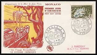 1955 (7 Jun) '50th Anniversary of the Death of Jules Verne' Monaco First Day Cover, FDC from Monaco to Courbevoie and Alfortville (Seine, France) franked with 8fr, Commemorative Postmarks