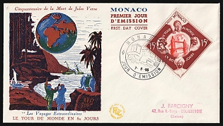 1955 (7 Jun) '50th Anniversary of the Death of Jules Verne' Monaco First Day Cover, FDC from Monaco to Courbevoie (Seine, France) franked with 15fr, Commemorative Postmark