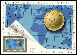 1954 (4 Jul) Switzerland 'World Cup Final', Postal Stationery Postcard from Bern (Switzerland) to Brussels (Belgium), Commemorative Postmark, franked with 40c