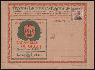 40c Italy, 'National Federation of Committees for the Aid of Blind, Crippled and Wounded Servicemen after WWI War', Advertising Сharity 'B. L. P.' Cover franked with 40c with Blue 'B. L. P.' Overprint, with Full Intact Advertising Sheet Inside, Mint