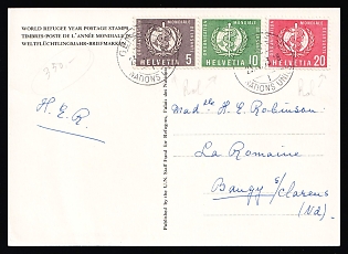 1963 (23 Apr) Switzerland 'World Refugee Year', Postal Stationery Postcard, from United Nations (UN), Geneva (Switzerland) to Baugy, Cher (France), franked with 5c, 10c, 20c