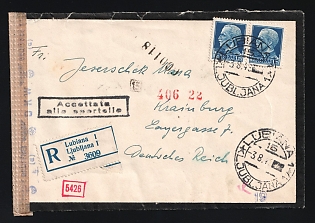 1943 (3 Aug) WWII Occupations, Mourning Military Censored Registered Cover from Ljubljana (Slovenia) to Krainburg (Kranj, Slovenia), franked with Pair of 1.25l, with Italian and German Censorship Marks and Handstamp's on Two Sides