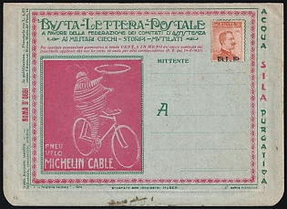 20c Italy, 'National Federation of Committees for the Aid of Blind, Crippled and Wounded Servicemen after WWI War', Advertising Сharity 'B. L. P.' Cover franked with 20c with SHIFTED Blue 'B. L. P.' Overprint, with Full Intact Advertising Sheet Inside, Mint