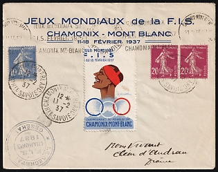 1937 (11 Feb) 'World Ski Championships in Chamonix-Mont-Blanc', France, Cover from Chamonix-Mont-Blanc, franked with 10c, pair 20c and Cindirella 'World Ski Championships  Chamonix-Mont-Blanc', 'General Secretary Chamonix' Postmark
