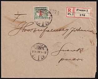 1919 (19 Jan) Fiume, Italian Regency of Carnaro, Inter-Allied Occupation, Registered Cover from Fiume to Susak Island (Croatia), franked with 45f on 6f