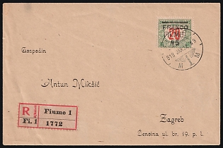 1919 (19 Jan) Fiume, Italian Regency of Carnaro, Inter-Allied Occupation, Registered Cover from Fiume to Zagreb (Croatia), franked with 45f on 20f