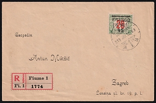 1919 (19 Jan) Fiume, Italian Regency of Carnaro, Inter-Allied Occupation, Registered Cover from Fiume to Zagreb (Croatia), franked with 45f on 20f