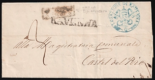 1855 Papal States, Italy, Disinfected Official Stampless Cover from Ravenna (Italy) via Imola (Italy) to Castel del Rio (Italy), with Blue 'Legation of Ravenna' on Two Sides, Black 'Disinfected in Imola' Handstamp's