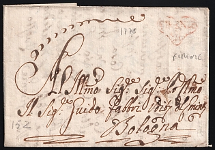 1778 (31 May) Italy, Pre-Philatelic Stampless Cover from Florence (Italy) to Bologna (Italy), with Red Handstamp