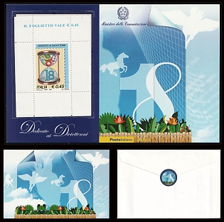 2006 Italy, Gift Leaflet with 0,45€ Souvenir Sheet for 18th Birthday, with an Accompanying Cover from Minister, Mint