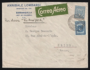 Colombia SCADTA: 1931 (Sept. 12) Airmail/Surface cover 'Via New York' to France franked with 8c Arms and 30c Scadta tied by 'Barranquilla' postmark. 'Paris' arrival backstamp (Sept. 25)