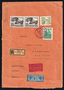 Austria: 1964 (Jan.) Registered-Express-Airmail commercial cover to USA franked with 3.40s Steiner Gate, 10s Heidenreichstein Castle & two 20s Eagles all tied by faint 'Wien 1' postmarks. 'New York NY GPO' arrival postmark in red-violet (Jan. 14). Considerable edge wear