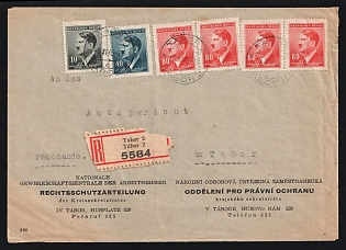 Second World War: 1943 (Nov. 6) National Trade Union Headquarters registered cover used locally within German-Occupied Bohemia & Moravia franked on both sides with nine Hitler definitives (total franking 460 hellers) tied by 'Tabor 2' postmarks