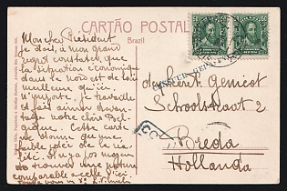 First World War: 1915 Multicolored picture postcard from Brazil to Breda, Netherlands franked with 50r Cabral pair tied by indistinct postmark. Dutch Censor's 'Censuur Gepasseerd' straightline handstamp