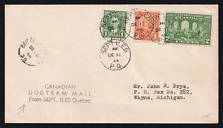 Canada: 1944 (Dec. 11) Dog Team Mail Unsealed Printed-Matter Cover from Quebec to Michigan franked with 1c KGV, 1c KGVi, and 2c Confederation al tied by 'Sept Iles PQ' postmarks (Dec. 18)
