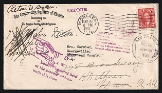 Canada: 1941 (May 21) Cover used within Quebec franked with 3c KGVI tied by 'Montreal P.Q.' duplex. Sent to nearby Georgeville (May 22 backstamp), then to Methuen, New Jersey (May 28 backstamp). Forwarded to Laurel, Maryland and from there to Washington DC where it was held for nearly two years with 'Non Reclame (Unclaimed),' and 'Retour' handstamps, and 'Washington DC Dead Letter Branch/April 8, 1943' postmark - all in red-violet