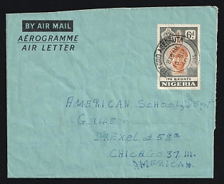 1960 (Sept. 16) Colonial Nigeria: 6d Bronze Head aerogramme to USA canceled by "Totoro Abeokuta' postmark. Handwritten message in English