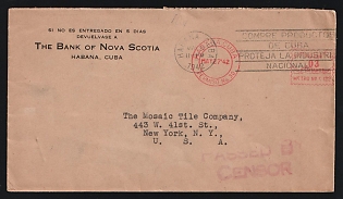 Second World War: 1942 (May 27) Mailer Permit cover from Cuba to USA with 'Habana, Cuba Permiso No. 30' 3c Meter handstamp in red, overstruck with 'Habana, Cuba' slogan duplex. US 'Passed By Censor' straightline handstamp in red