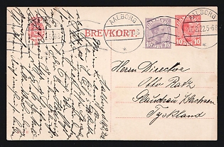 Denmark: 1922 (Feb. 17) 10o + 15o King Christian postal card to Germany canceled by 'Aalborg' roller postmark. Handwritten message in German on both sides
